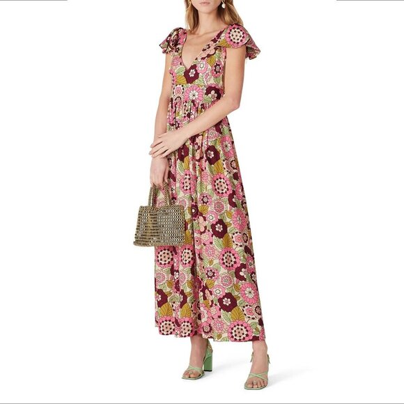 Dodo Bar Or Jenny maxi floral dress long ruffle fit flare flutter sleeve Small - Picture 1 of 7